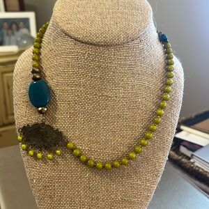 Handcrafted Beaded Necklace in Chartreuse w/ Dark Teal contrast. Brushed Copper